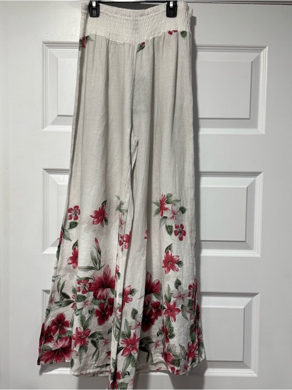 Wide-Leg Floral Border Linen Pants in Cream with Pink Floral - Picture 2 of 14